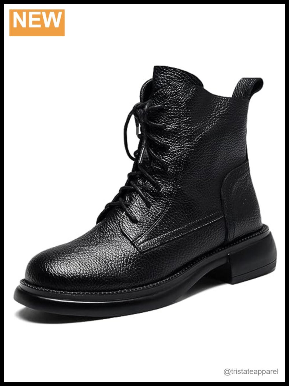 Women's Genuine Leather Lace-Up Combat Ankle Boots with Side Zipper, Low Block
